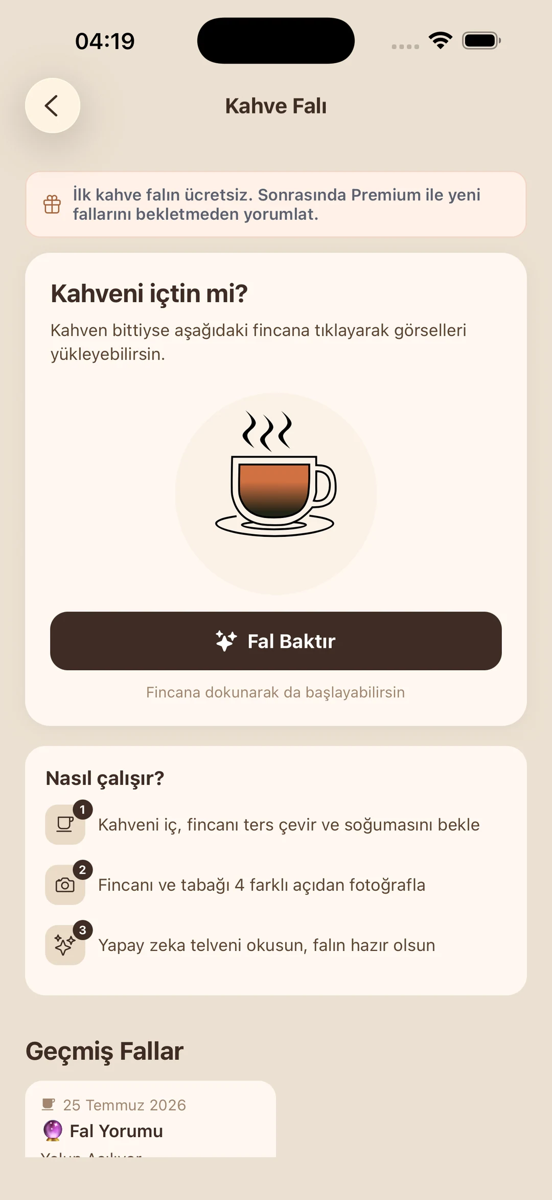 Wonori kahve falı ekranı